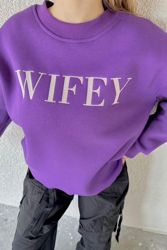 SWT-14240 Mor Wifey Yazı Nakışlı Şardonlu Sweatshirt
