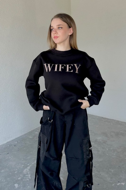 SWT-14240 Siyah Wifey Yazı Nakışlı Şardonlu Sweatshirt