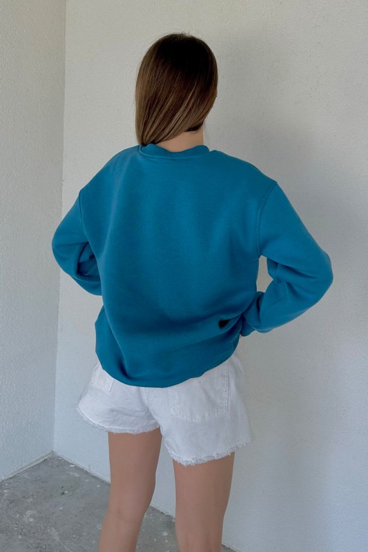 SWT-14241 Mavi Le Fardin Yazı Nakışlı Şardonlu Sweatshirt