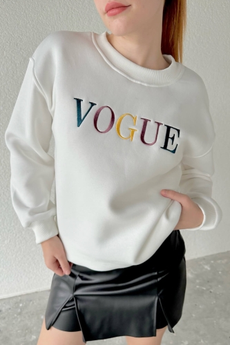 SWT-14243 Beyaz Vogue Yazı Nakışlı Üç İplik Şardonlu Sweatshirt - Thumbnail