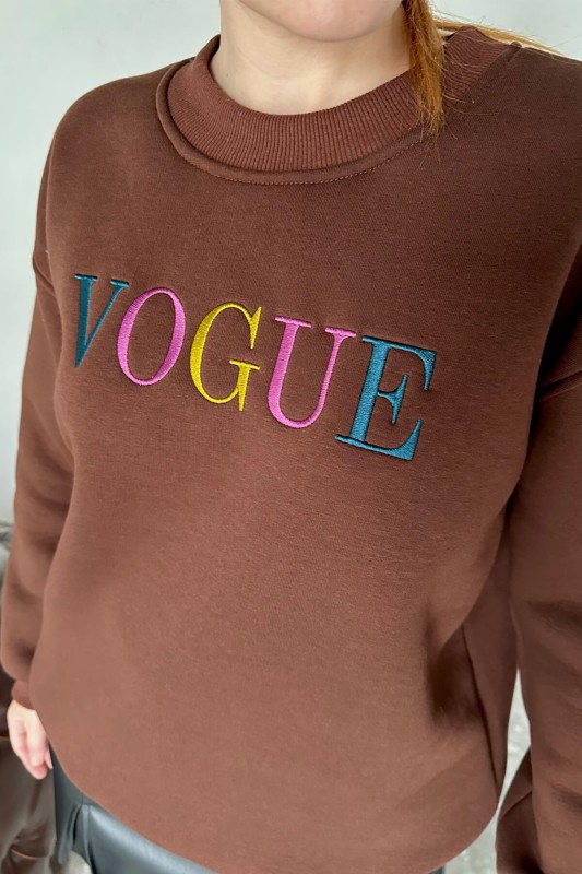 SWT-14243 Kahverengi Vogue Yazı Nakışlı Üç İplik Şardonlu Sweatshirt