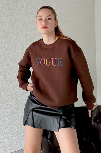 SWT-14243 Kahverengi Vogue Yazı Nakışlı Üç İplik Şardonlu Sweatshirt - Thumbnail