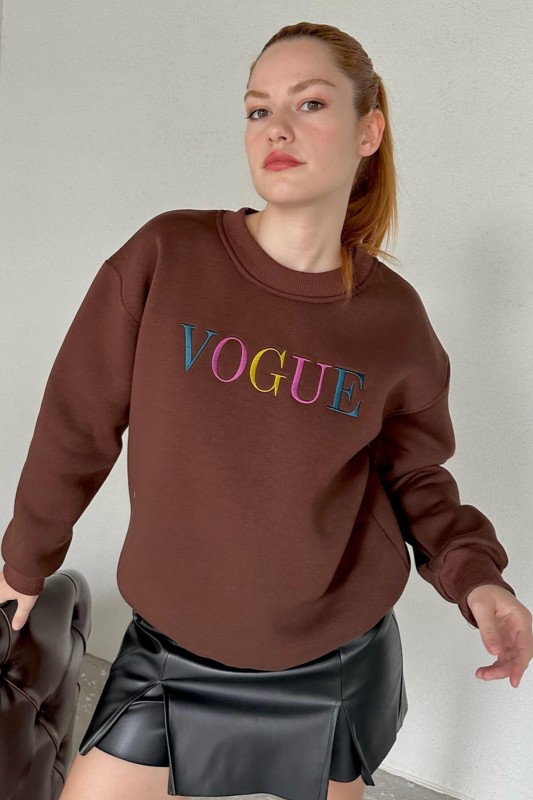 SWT-14243 Kahverengi Vogue Yazı Nakışlı Üç İplik Şardonlu Sweatshirt