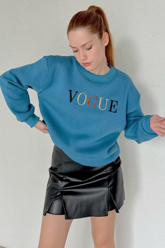 SWT-14243 Mavi Vogue Yazı Nakışlı Üç İplik Şardonlu Sweatshirt - Thumbnail