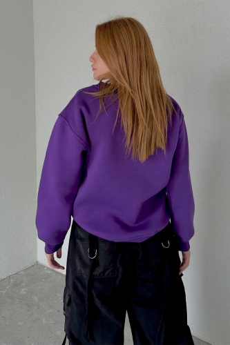 SWT-14246 Mor Dressing Tasarım Yazı Baskılı Üç İplik Şardonlu Sweatshirt - Thumbnail