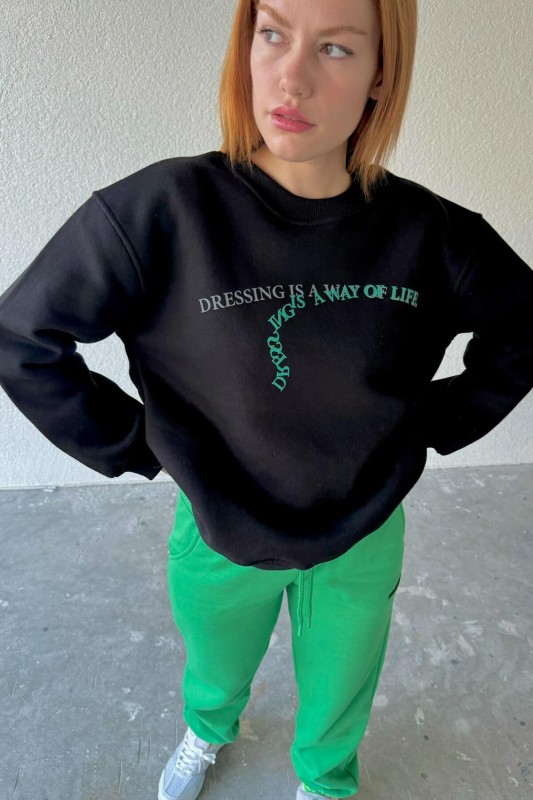 SWT-14246 Siyah Dressing Tasarım Yazı Baskılı Üç İplik Şardonlu Sweatshirt