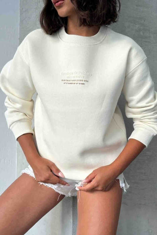 SWT-14257 Beyaz Boutique Peinture Yazı Kabartma Baskılı Üç İplik Şardonlu Sweatshirt - 2