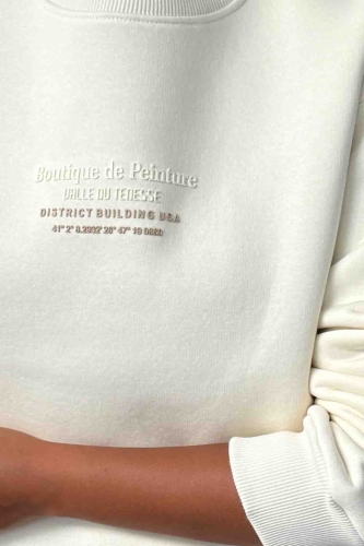 SWT-14257 Beyaz Boutique Peinture Yazı Kabartma Baskılı Üç İplik Şardonlu Sweatshirt - 3