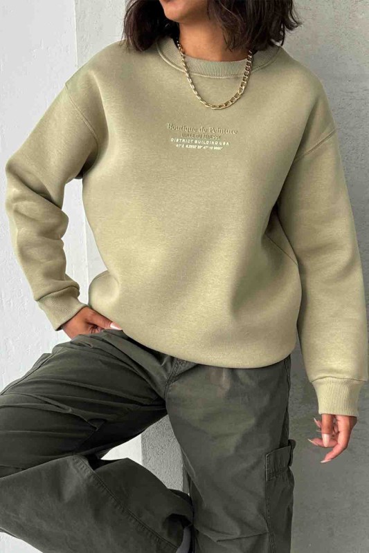 SWT-14257 Haki Boutique Peinture Yazı Kabartma Baskılı Üç İplik Şardonlu Sweatshirt - 2