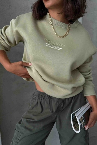 SWT-14257 Haki Boutique Peinture Yazı Kabartma Baskılı Üç İplik Şardonlu Sweatshirt - 5