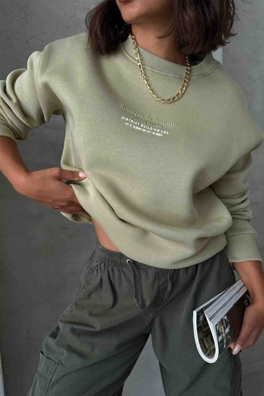 SWT-14257 Haki Boutique Peinture Yazı Kabartma Baskılı Üç İplik Şardonlu Sweatshirt - 5