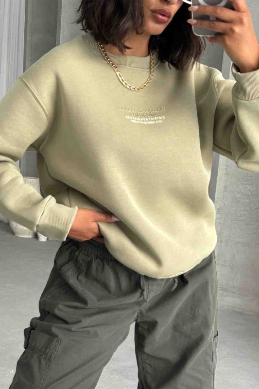 SWT-14257 Haki Boutique Peinture Yazı Kabartma Baskılı Üç İplik Şardonlu Sweatshirt - 6