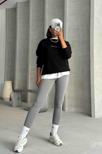 SWT-14257 Siyah Boutique Peinture Yazı Kabartma Baskılı Üç İplik Şardonlu Sweatshirt - 3