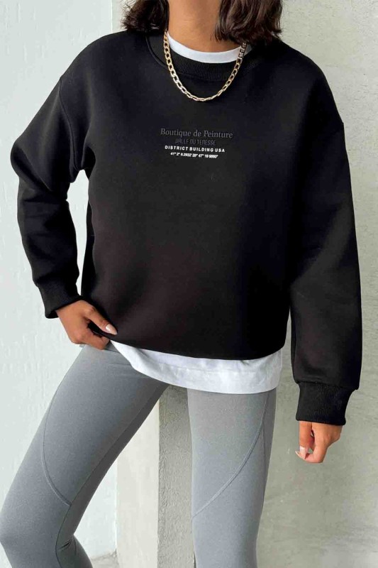 SWT-14257 Siyah Boutique Peinture Yazı Kabartma Baskılı Üç İplik Şardonlu Sweatshirt - 4