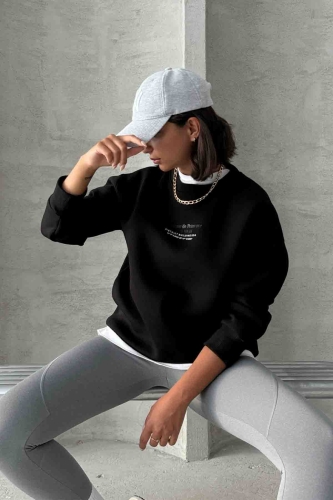 SWT-14257 Siyah Boutique Peinture Yazı Kabartma Baskılı Üç İplik Şardonlu Sweatshirt 