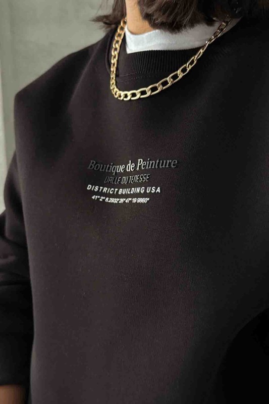 SWT-14257 Siyah Boutique Peinture Yazı Kabartma Baskılı Üç İplik Şardonlu Sweatshirt - 5