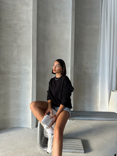 SWT-14258 Siyah Basic İki İplik Şardonlu Mevsimlik Kumaş Bisiklet Yaka Sweatshirt - 4