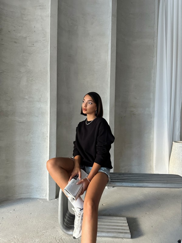 SWT-14258 Siyah Basic İki İplik Şardonlu Mevsimlik Kumaş Bisiklet Yaka Sweatshirt - 4