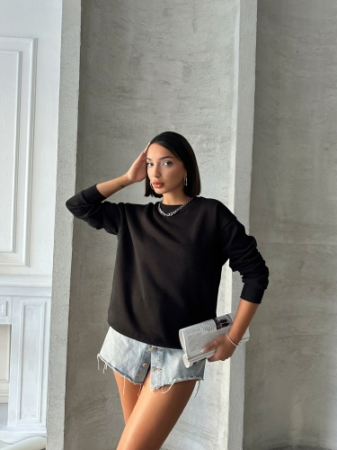 SWT-14258 Siyah Basic İki İplik Şardonlu Mevsimlik Kumaş Bisiklet Yaka Sweatshirt - 5
