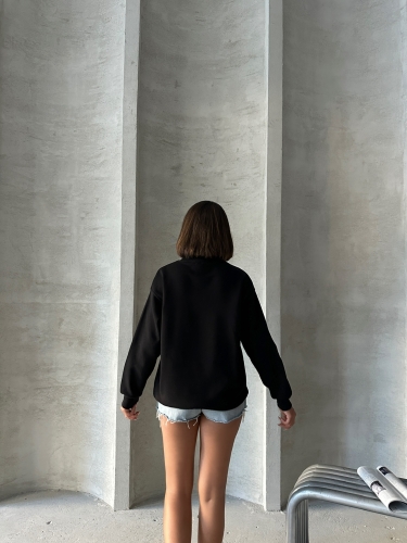 SWT-14258 Siyah Basic İki İplik Şardonlu Mevsimlik Kumaş Bisiklet Yaka Sweatshirt - 7