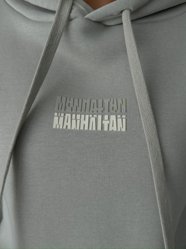 SWT-14259 Boyama Gri Manhattan Yazı Baskılı Kapüşonlu Kanguru Cepli Üç İplik Şardonlu Sweasthirt - 3