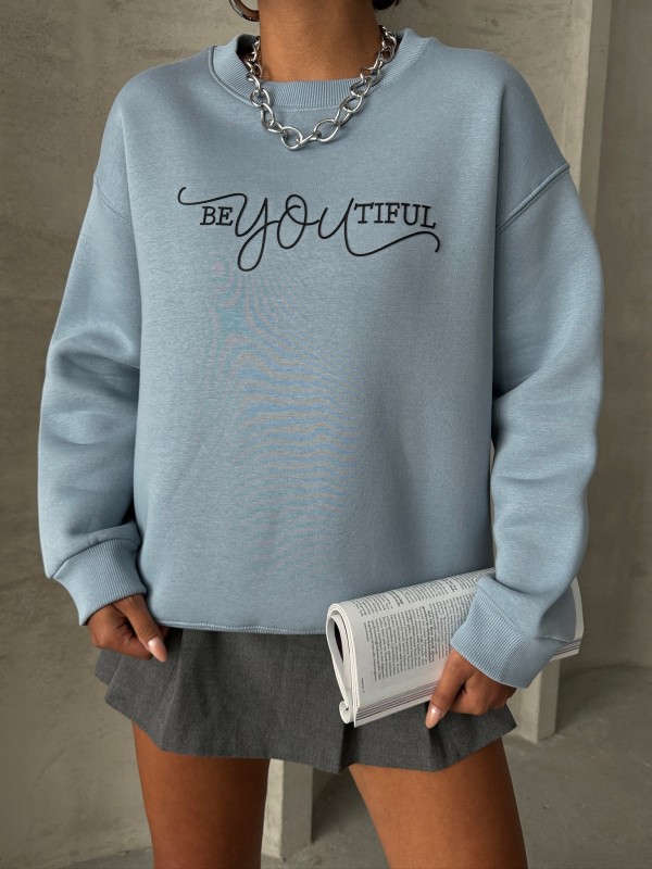 SWT-14260 Bebe Mavi Beatiful Kabartma Baskılı Bisiklet Yaka Üç İplik Şardonlu Sweatshirt - 2
