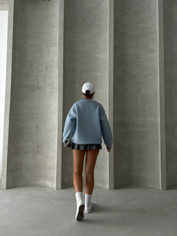 SWT-14260 Bebe Mavi Beatiful Kabartma Baskılı Bisiklet Yaka Üç İplik Şardonlu Sweatshirt - 6
