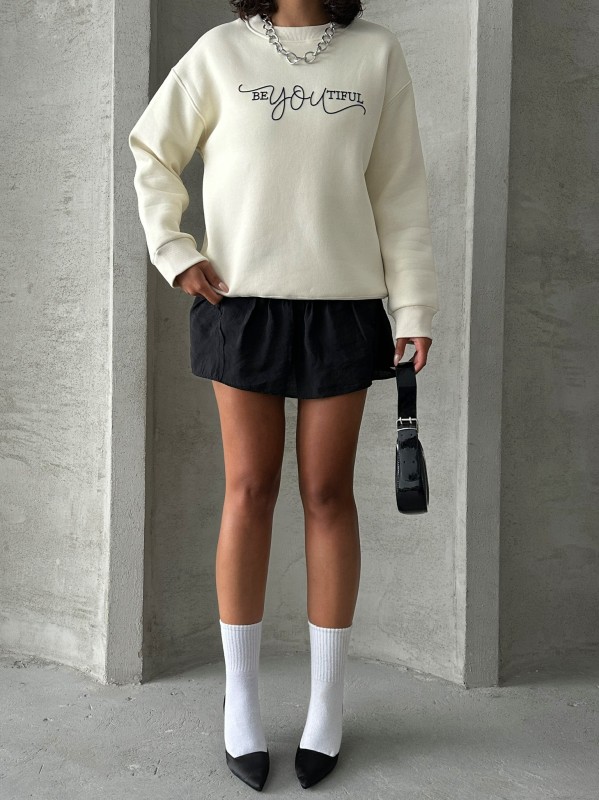 SWT-14260 Beyaz Beatiful Kabartma Baskılı Bisiklet Yaka Üç İplik Şardonlu Sweatshirt - 4