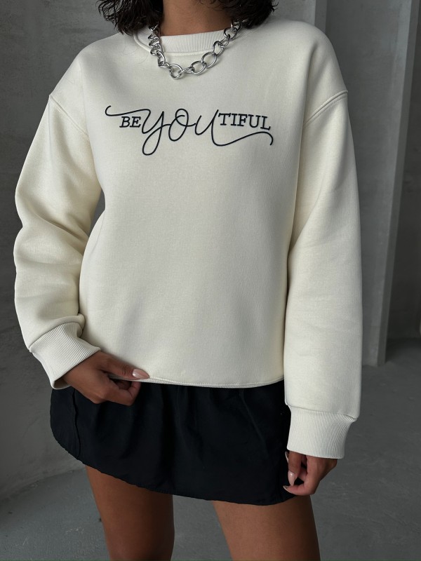 SWT-14260 Beyaz Beatiful Kabartma Baskılı Bisiklet Yaka Üç İplik Şardonlu Sweatshirt - 2