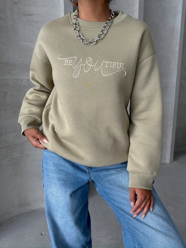 SWT-14260 Haki Beatiful Kabartma Baskılı Bisiklet Yaka Üç İplik Şardonlu Sweatshirt - 2