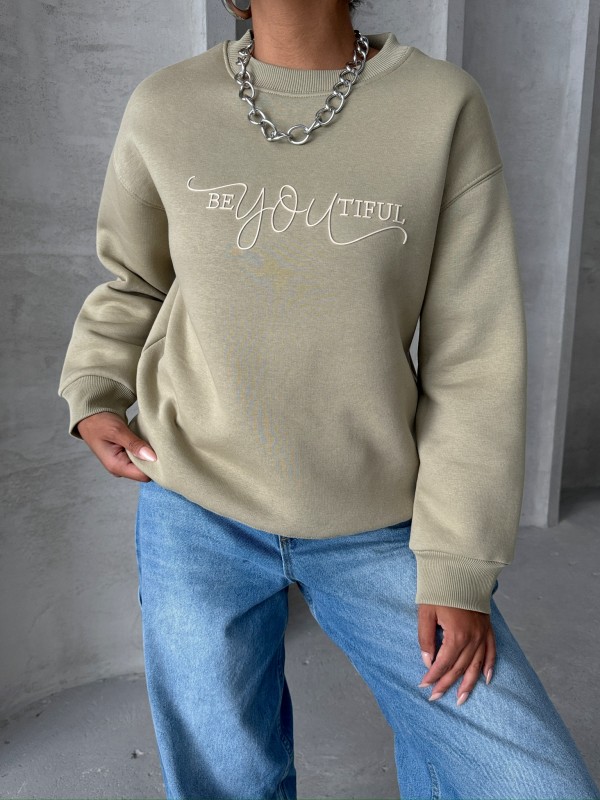 SWT-14260 Haki Beatiful Kabartma Baskılı Bisiklet Yaka Üç İplik Şardonlu Sweatshirt - 2