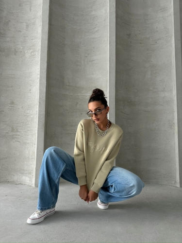 SWT-14260 Haki Beatiful Kabartma Baskılı Bisiklet Yaka Üç İplik Şardonlu Sweatshirt 