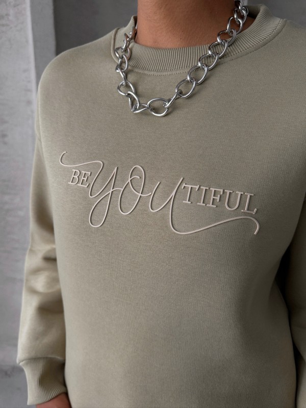 SWT-14260 Haki Beatiful Kabartma Baskılı Bisiklet Yaka Üç İplik Şardonlu Sweatshirt - 3
