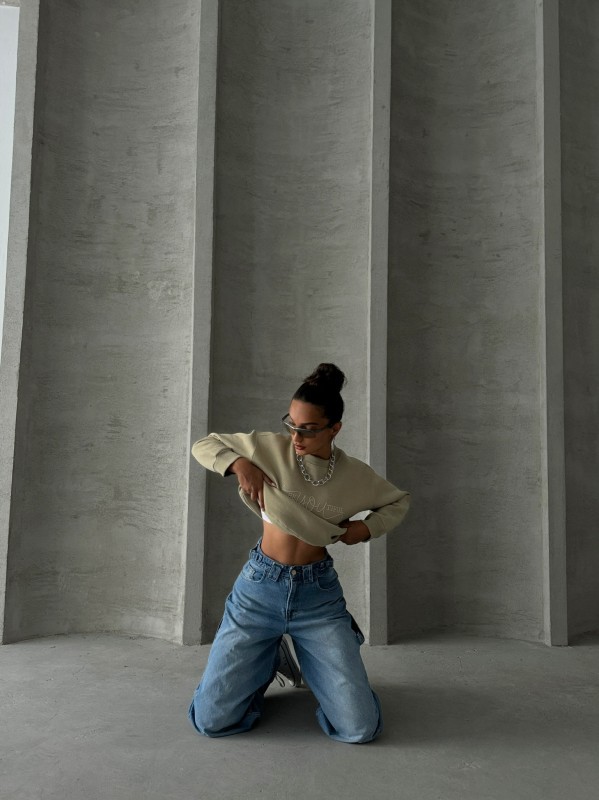 SWT-14260 Haki Beatiful Kabartma Baskılı Bisiklet Yaka Üç İplik Şardonlu Sweatshirt - 4