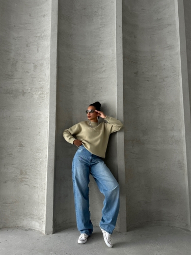 SWT-14260 Haki Beatiful Kabartma Baskılı Bisiklet Yaka Üç İplik Şardonlu Sweatshirt - 5
