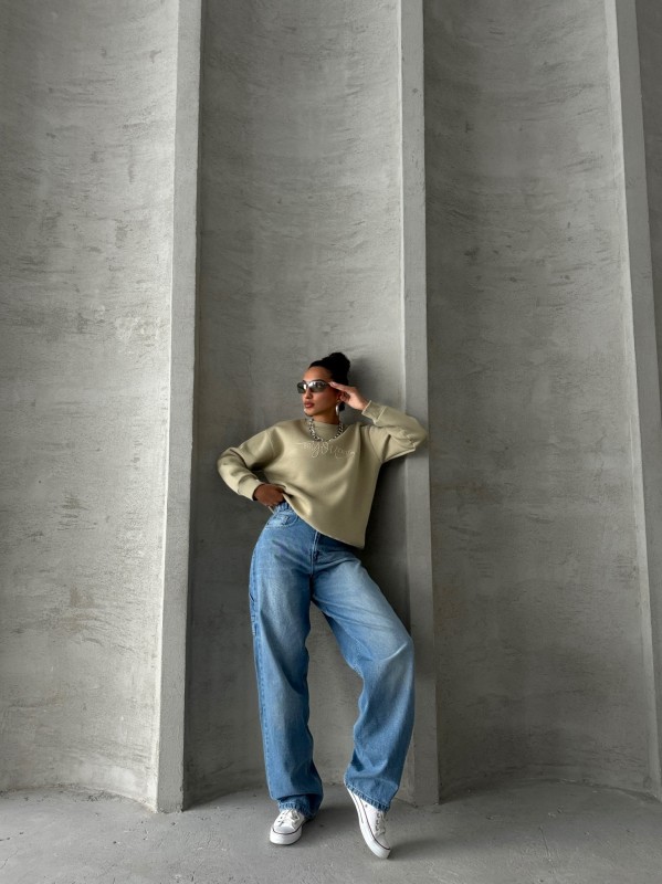 SWT-14260 Haki Beatiful Kabartma Baskılı Bisiklet Yaka Üç İplik Şardonlu Sweatshirt - 5