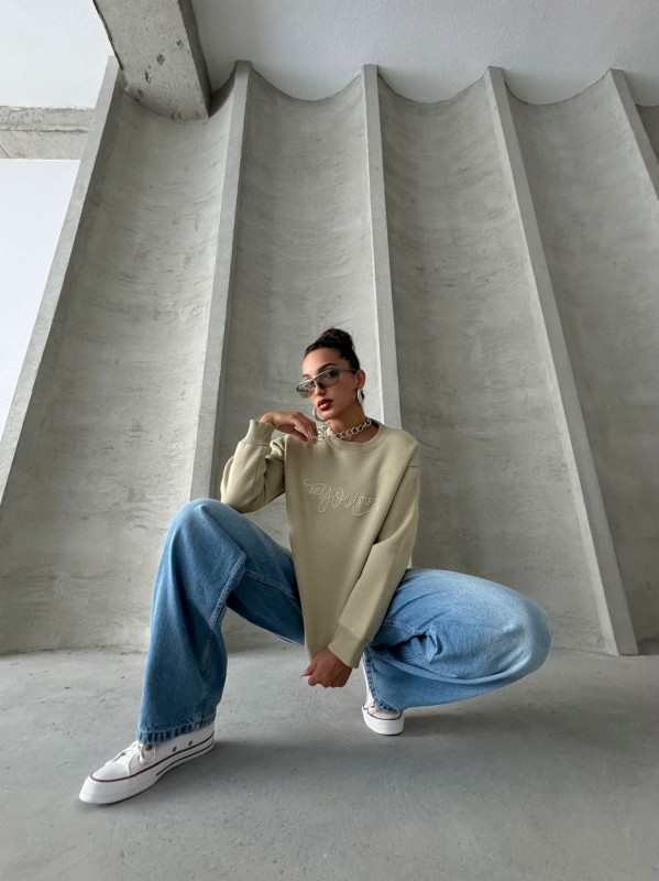 SWT-14260 Haki Beatiful Kabartma Baskılı Bisiklet Yaka Üç İplik Şardonlu Sweatshirt - 6