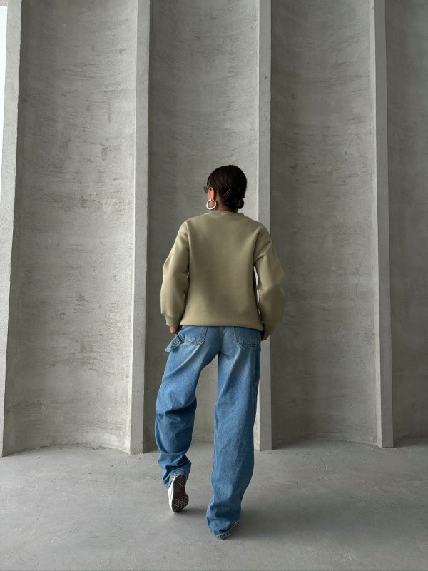 SWT-14260 Haki Beatiful Kabartma Baskılı Bisiklet Yaka Üç İplik Şardonlu Sweatshirt - 7