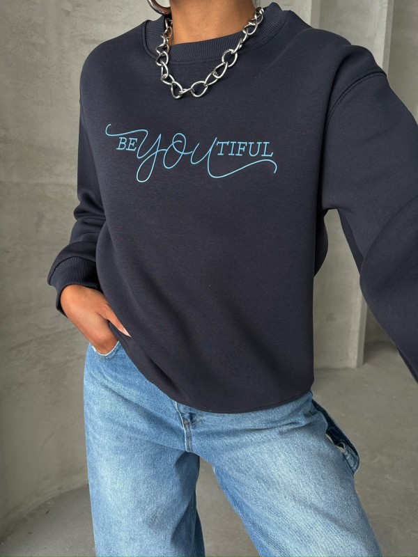SWT-14260 Lacivert Beatiful Kabartma Baskılı Bisiklet Yaka Üç İplik Şardonlu Sweatshirt - 2