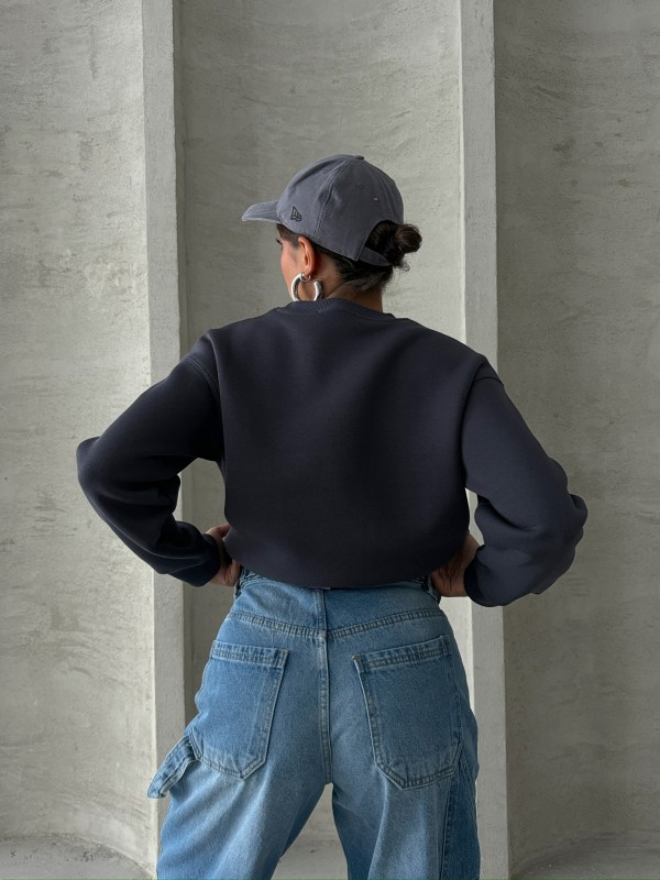 SWT-14260 Lacivert Beatiful Kabartma Baskılı Bisiklet Yaka Üç İplik Şardonlu Sweatshirt - 7