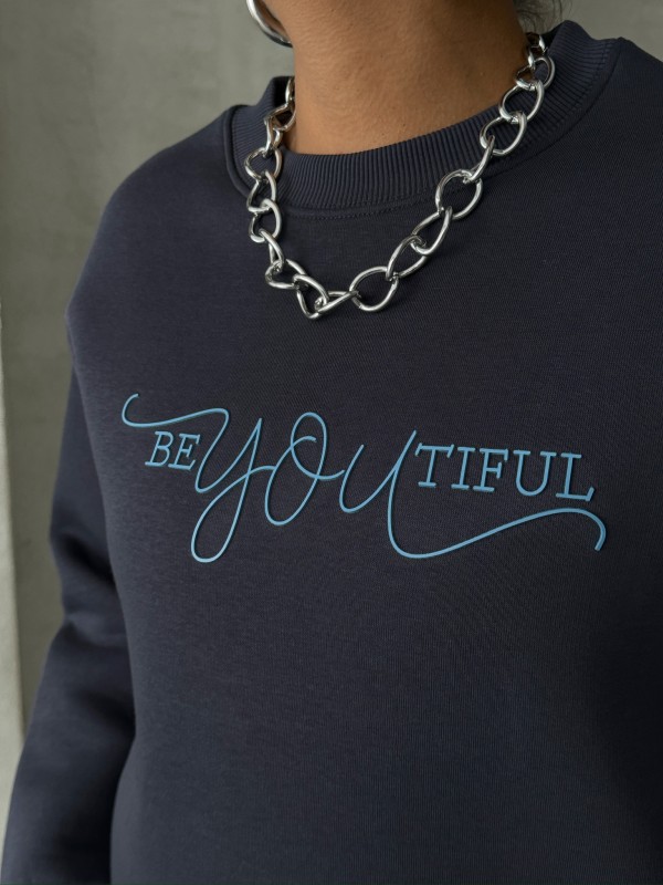 SWT-14260 Lacivert Beatiful Kabartma Baskılı Bisiklet Yaka Üç İplik Şardonlu Sweatshirt - 3