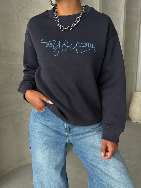 SWT-14260 Lacivert Beatiful Kabartma Baskılı Bisiklet Yaka Üç İplik Şardonlu Sweatshirt - 5