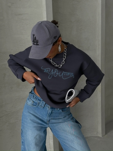 SWT-14260 Lacivert Beatiful Kabartma Baskılı Bisiklet Yaka Üç İplik Şardonlu Sweatshirt 