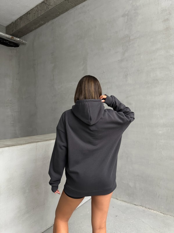SWT-14261 Füme Kordonlu Kapüşonlu Kanguru Cep İki İplik Şardonlu Sweatshirt - 6
