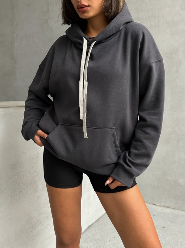 SWT-14261 Füme Kordonlu Kapüşonlu Kanguru Cep İki İplik Şardonlu Sweatshirt - 2