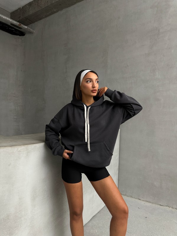 SWT-14261 Füme Kordonlu Kapüşonlu Kanguru Cep İki İplik Şardonlu Sweatshirt - 3