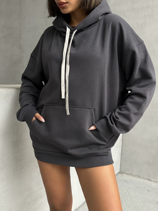 SWT-14261 Füme Kordonlu Kapüşonlu Kanguru Cep İki İplik Şardonlu Sweatshirt - 5