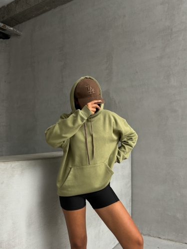 SWT-14261 Haki Kordonlu Kapüşonlu Kanguru Cep İki İplik Şardonlu Sweatshirt 