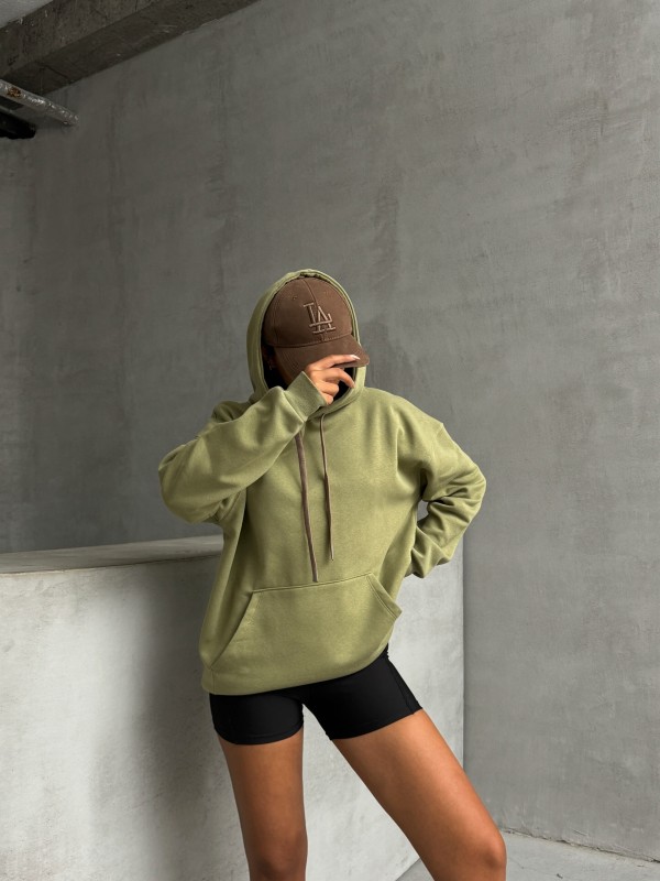 SWT-14261 Haki Kordonlu Kapüşonlu Kanguru Cep İki İplik Şardonlu Sweatshirt - 1