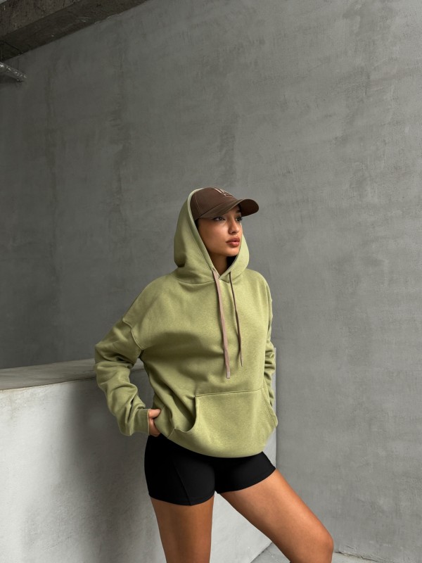 SWT-14261 Haki Kordonlu Kapüşonlu Kanguru Cep İki İplik Şardonlu Sweatshirt - 3